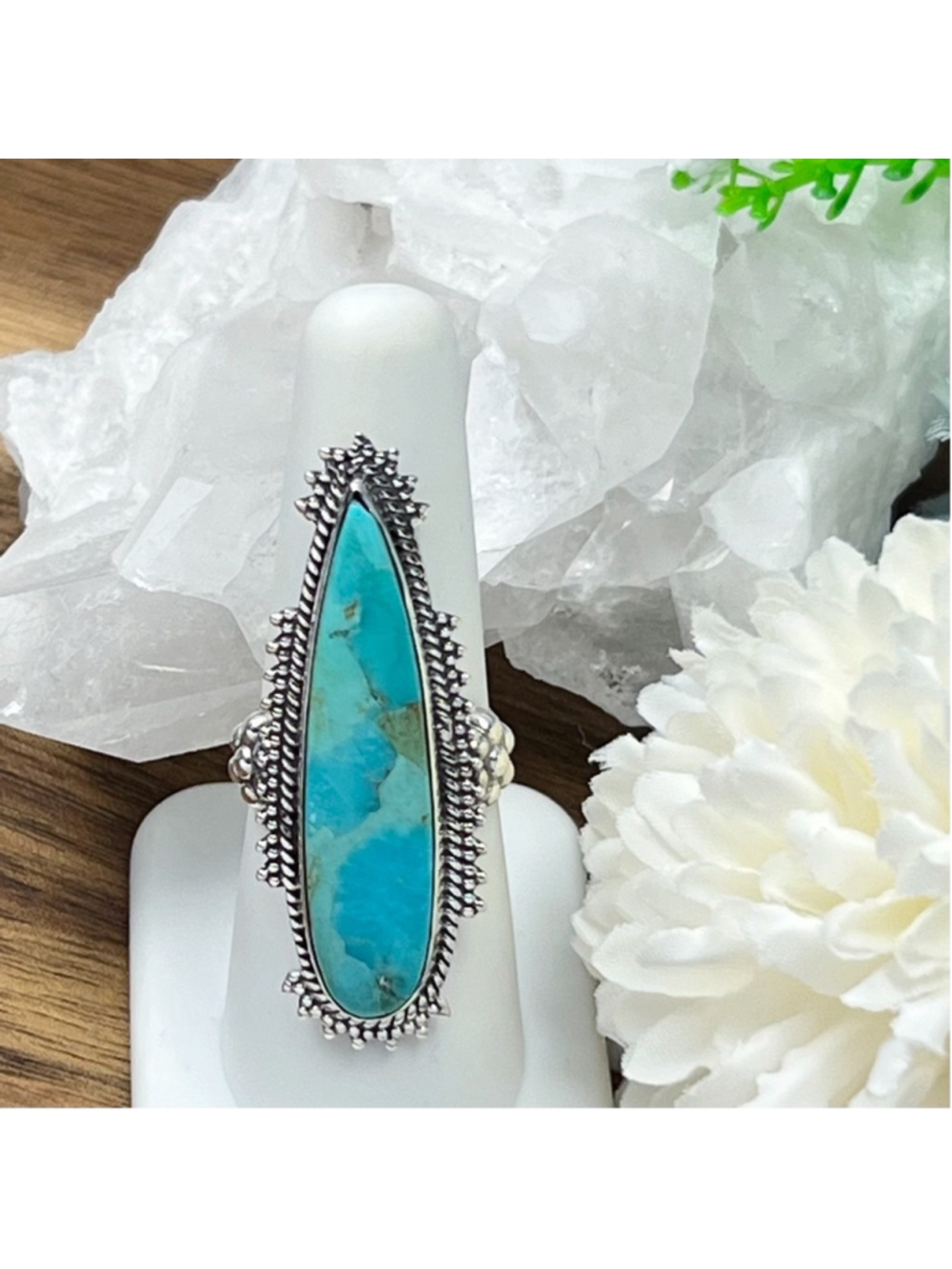 Sterling Silver 925 Turquoise Ring Size 7 Long Boho Southwest Blue New - Picture 5 of 13